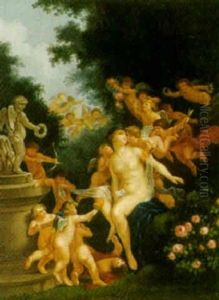 Siddende Kvinde Omgivet Af Putti Ved En Fontaine by Ole Mathiasen Bogh