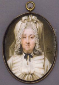 A Lady In White Dress With Pleated Collar, Gold Tie-pin, Black Ribbon Choker Tied In A Bow, Lace Headdress In Her Upswept And Powdered Hair