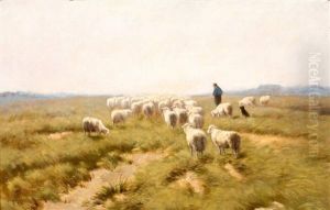 Herder Met Hond En Schaapskudde by Herman Bogman I