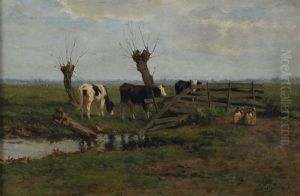 Weiland Met Koeien Achter Een Hek by Herman Bogman I