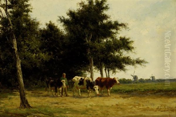 Farmer With Three Cows On A Road - view 1