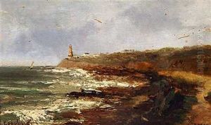 Coastal Scene With Lighthouse, Etretat In Normandy by Aleksei Petrovich Bogolyubov