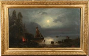 Crimean Coastal Scene With Campfire Under Moonlight