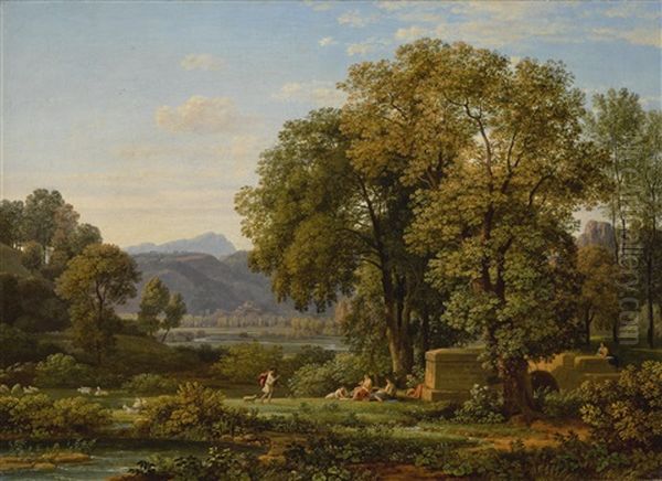 An Arcadian Landscape With Shepherds Playing Pipes, Resting On The Banks Of A Stream, With Mountains Beyond - view 1