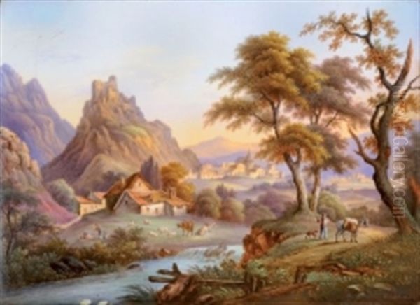 Paysages Lacustres Dans Des Perspectives De Villages Animes De Personnages, Couples De Bergers Surveillant Leur Troupeau, Paysans Guidant Son Ane Ou Ovins S'abreuvant (2 Works) - view 1