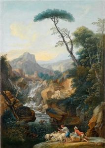 Italienische Gebirgslandschaft Mit Schafern Und Ihrer Herde, Im Hintergrund Eine Antike Stadt