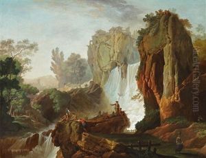 Landscape With Waterfall And Figural Staffage by Francois Boher