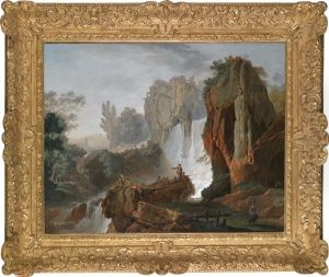 Eine Landschaft Mit Figuren Am Wasserfall by Francois Boher