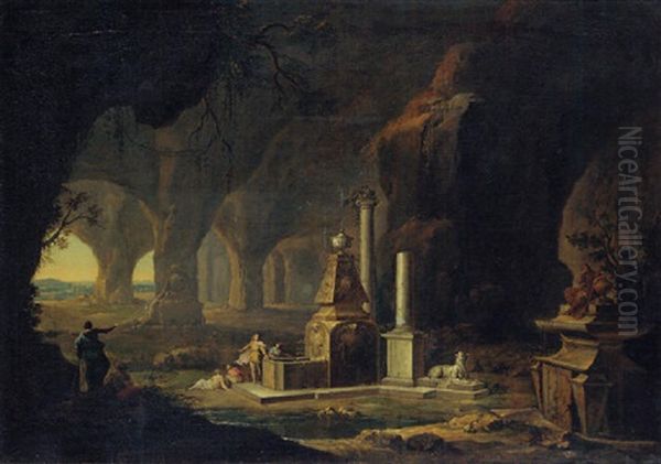 A Grotto With Figures By A Fountain - view 1