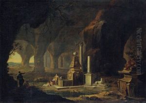 A Grotto With Figures By A Fountain