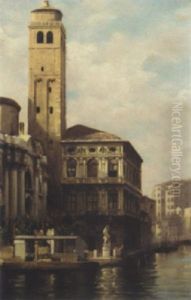 A Venetian Canal Scene And A Priest Crossing A Venetian Bridge by Adolf Boehm