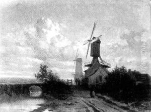 Abendstimmung Am Kanal Mit Windmuhlen Und Staffagen by Alfred Boehm