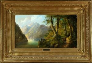 Tiroler Gebirgslandschaft Mit See Und Zwei Jagern Am Waldweg