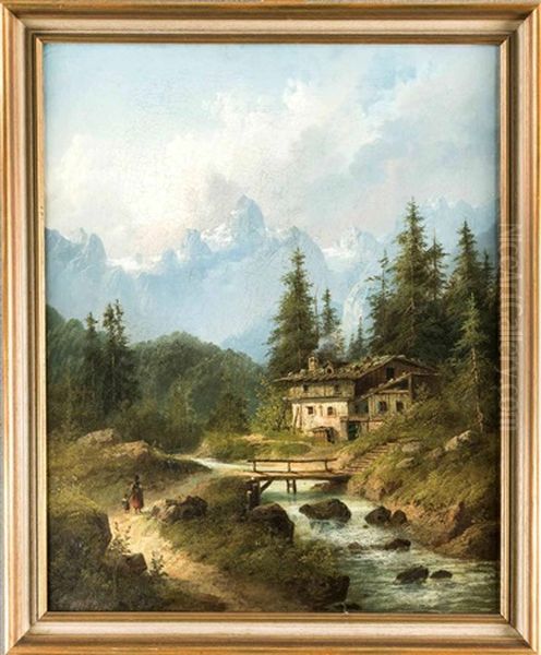 Alpine Landschaft Mit Berghof Am Wildbach U. Figurenstaffage - view 1