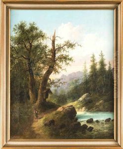 Alpine Landschaft Im Abendlicht Mit Bachlauf U. Holzsammlerin Am Bildstock by Edouard Boehm