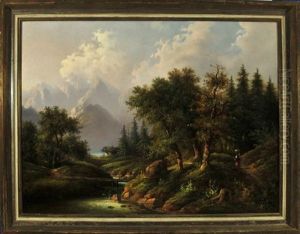 Idyllische Waldlandschaft Am Fluss Mit Blick Auf Das Dachsteingebirge Im Hintergrund