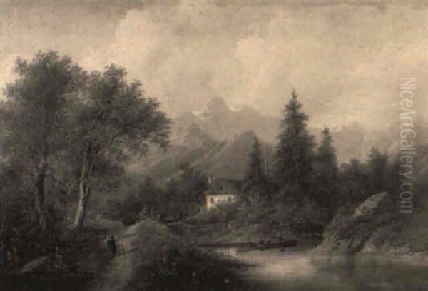 An Alpine Landscape With Figures In A Rowing Boat Approaching A Cottage - view 1