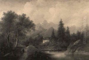 An Alpine Landscape With Figures In A Rowing Boat Approaching A Cottage by Edouard Boehm
