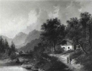 A Mountainous Valley With Peasants On A Path by Edouard Boehm