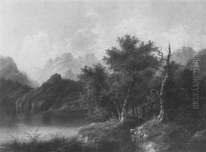 Sommertag An Einem Waldumrandeten Bergsee Mit Figurenstaffage by Edouard Boehm