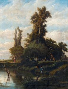 Angler Am Flussufer by Francois Ignace Auguste Boehm