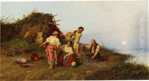 A Family Of Hungarian Fishermen By The Tisza River by Pal (Paul) Boehm
