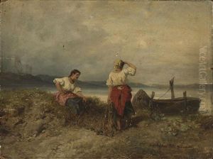 Two Fisherwomen Holding A Net By A Lake by Pal (Paul) Boehm