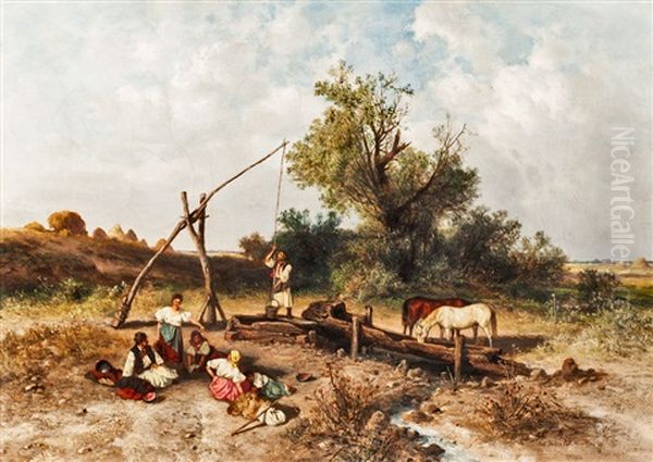 Ungarische Puszta Mit Rastenden Bauern - view 1