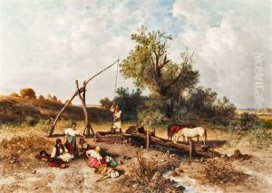 Ungarische Puszta Mit Rastenden Bauern by Pal (Paul) Boehm