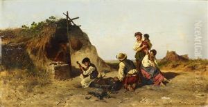 Familie Vor Ihrem Lager In Der Puszta