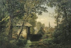Kleines Dorfchen Mit Muhle An Einem Bachlauf