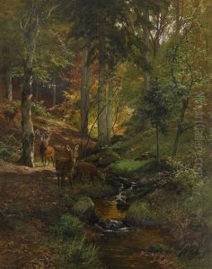 Hjortar I Skogslandskap by Heinrich Boehmer