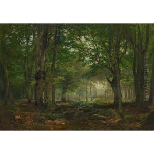 A Sunlit Forest Interior With Deer by Heinrich Boehmer