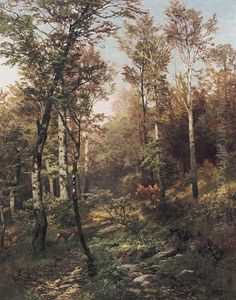 Herbstlicher Wald Mit Birken Und 2 Rehen by Heinrich Boehmer