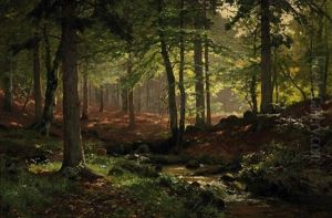Im Wald. Im Halbschatten Am Ufer Eines Kleinen Baches Ein Reh by Heinrich Boehmer