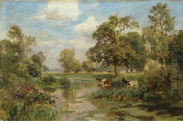 Baumbestandene Flusslandschaft Mit Kuhen Am Wasser - view 1