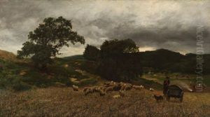Schafer Mit Seiner Herde Unter Gewitterhimmel In Weiter Landschaft