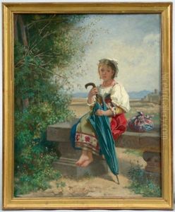 Jeune Italienne Au Parapluie Assise Sur Un Banc De Pierre