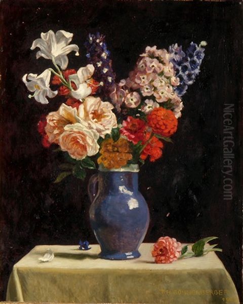 Bunter Blumenstrauss In Blauem Steingutkrug - view 1