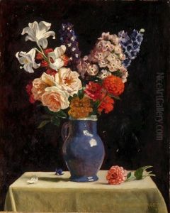 Bunter Blumenstrauss In Blauem Steingutkrug by Theodor Bohnenberger