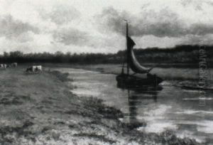 Hollandische Fluslandschaft Mit Segelkahn by August J.P. Bohnhorst