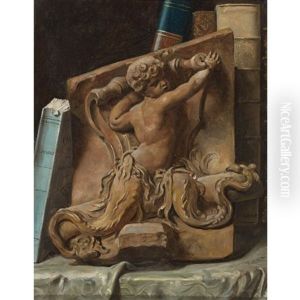 Trompe L'oeil Of A Bookshelf With A Terracotta Relief by Jules Boilly