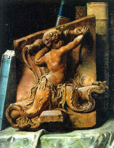 A Trompe L'oeil Of A Bookshelf With A Terracotta Relief - view 1