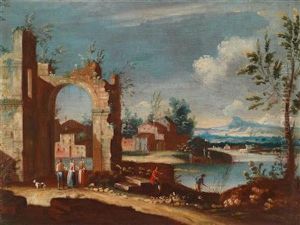 Weite Flusslandschaft Mit Ruinosem Stadttor by Francesco Albotto