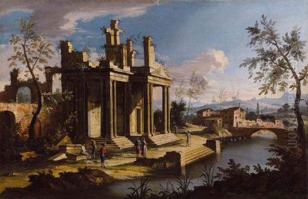 Capriccio Con Figure, Ruderi Classici,corso D'acqua E Un Villaggio Sullo Sfondo - view 1