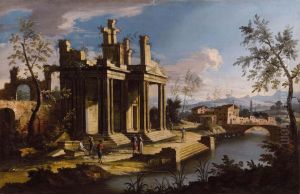 Capriccio Con Figure, Ruderi Classici,corso D'acqua E Un Villaggio Sullo Sfondo by Francesco Albotto