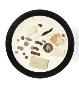 A Trompe L'oeil Table Top With Coins, A Miniature Portrait, A Drawing Representing An Allegory Of Winter And Calling Cards
