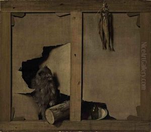 A Trompe-l'oeil With A Cat And A Wooden Log Through A Canvas, Fish Hanging From The Stretcher