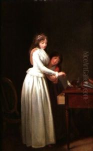 Jeune Mere Et Sa Fille Donnant La Becquee A Un Oiseau by Louis Leopold Boilly
