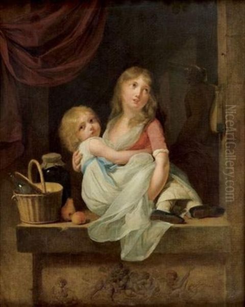 Jeune Mere Et Sa Petite Fille Dans L'embrasure D'une Fenetre - view 1